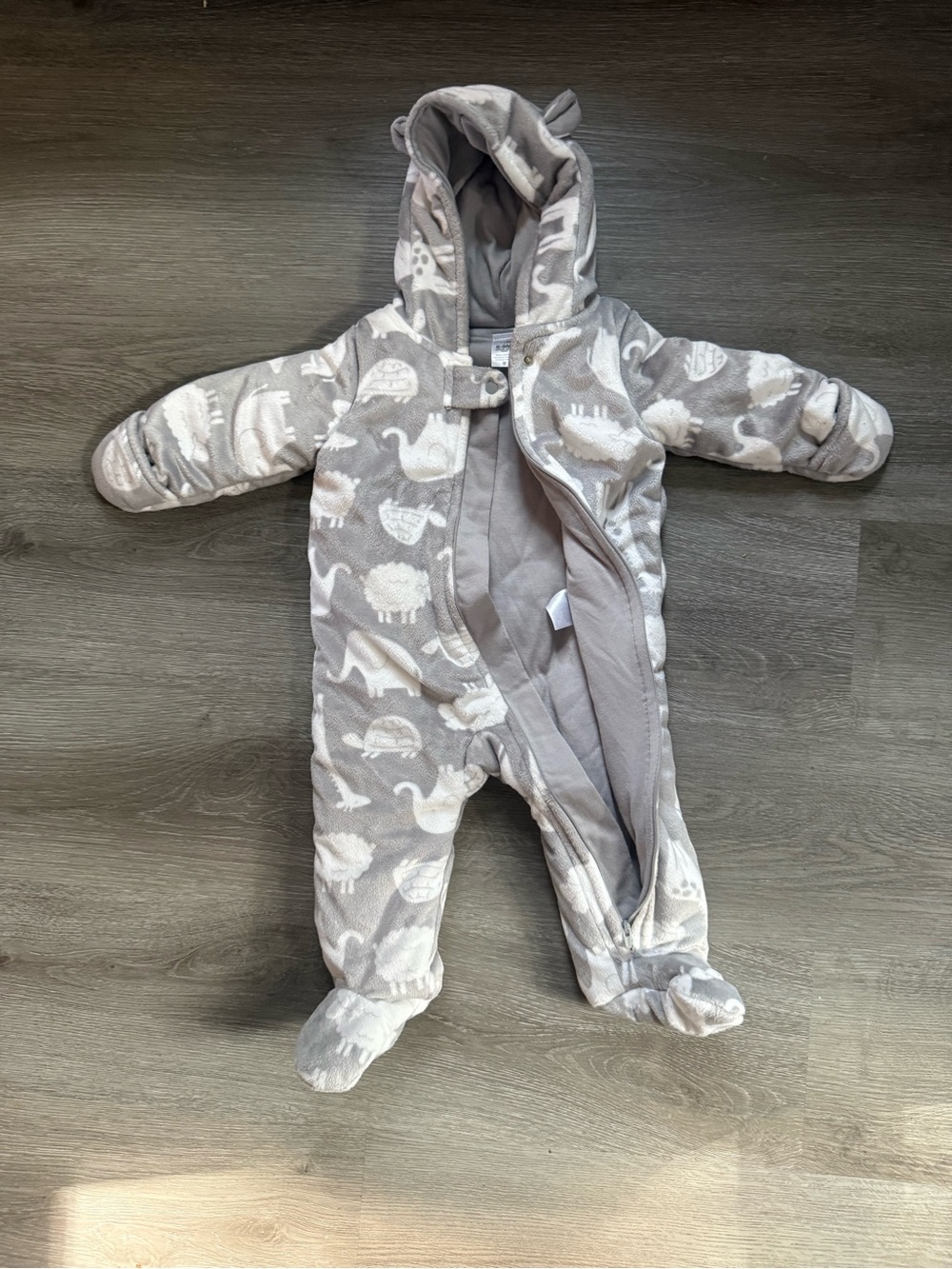 Plush Grey Animal-Print Hooded Baby One-Piece